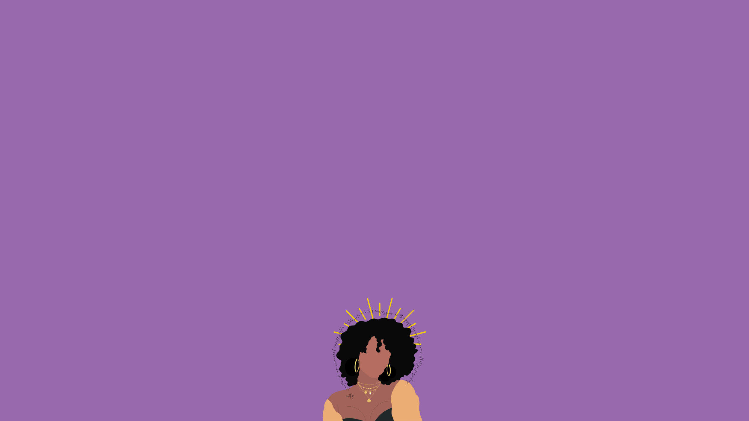 Illustration of a woman with curly black hair, wearing hoop earrings, necklaces, and a strapless top, against a purple background with a gold halo.