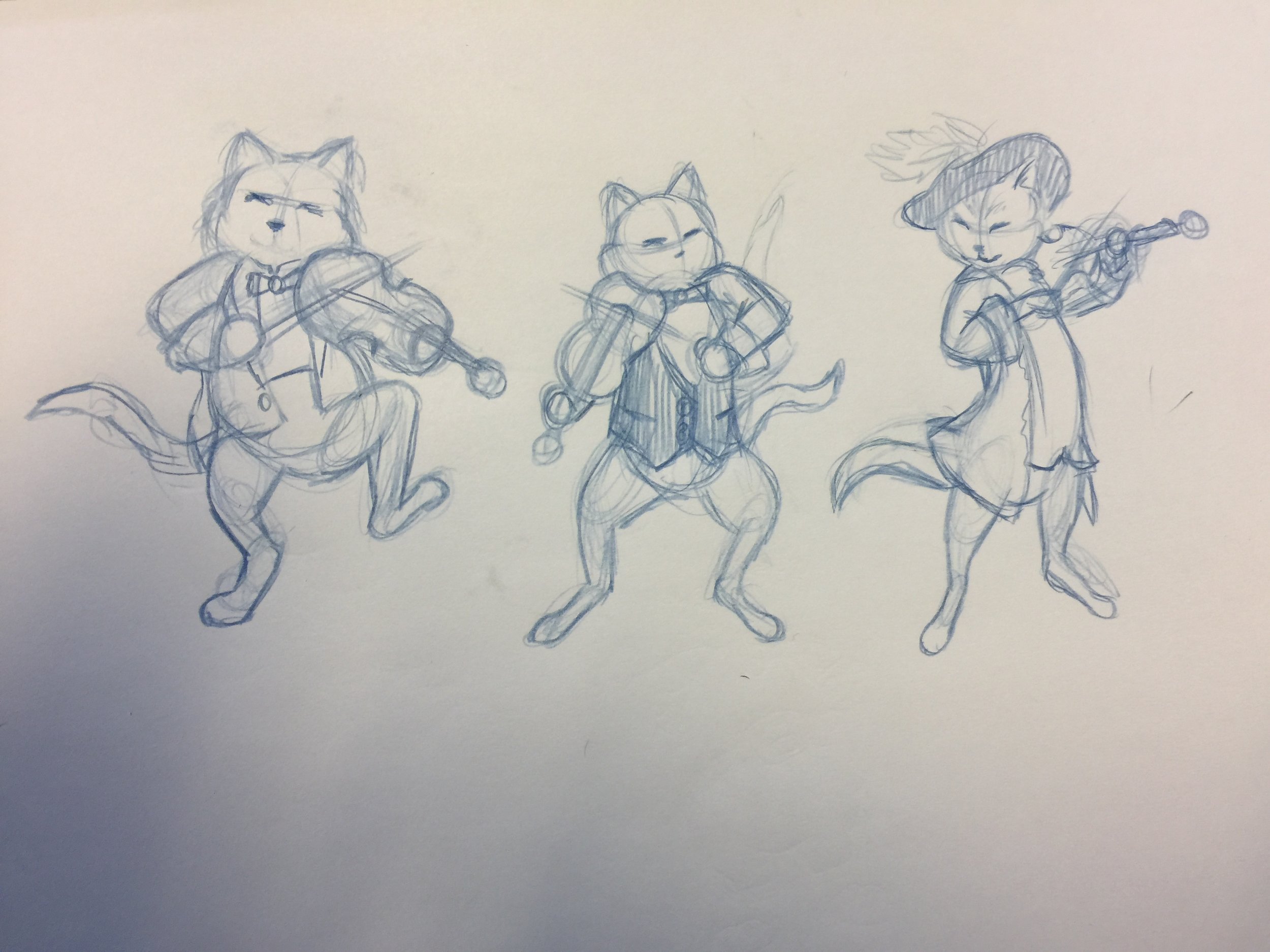 Pencil sketches of cats playing fiddles