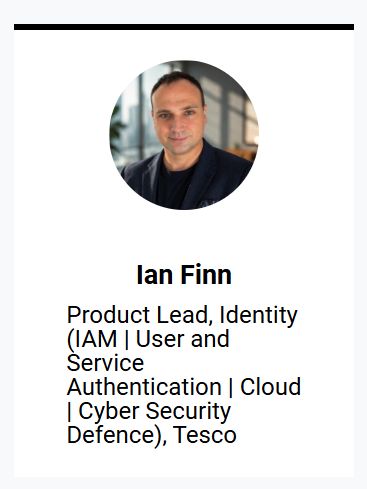 Business card for Ian Finn, Product Lead in Identity, at Tesco, with his professional headshot