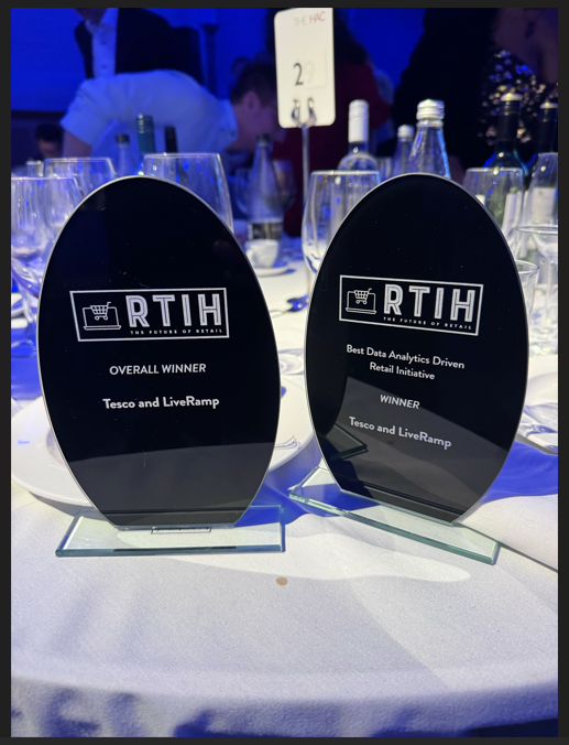 Two black award plaques on a dining table with glasses and bottles in the background, recognizing Tesco and LiveRamp for retail data analytics industry win.