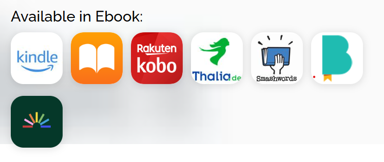 Row of ebook app icons including Kindle, Orange Book, Rakuten Kobo, Thalia, Smashwords, and others.