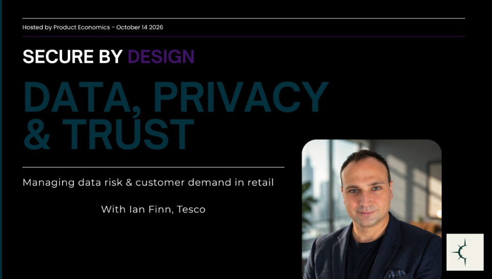 Event slide with the title 'Secure by Design: Data, Privacy & Trust,' featuring a photo of a man in a dark suit and a logo in the bottom right corner.