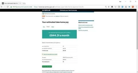 Screenshot of a UK government webpage showing estimated take-home pay, with a highlighted figure of £844.31 per month.