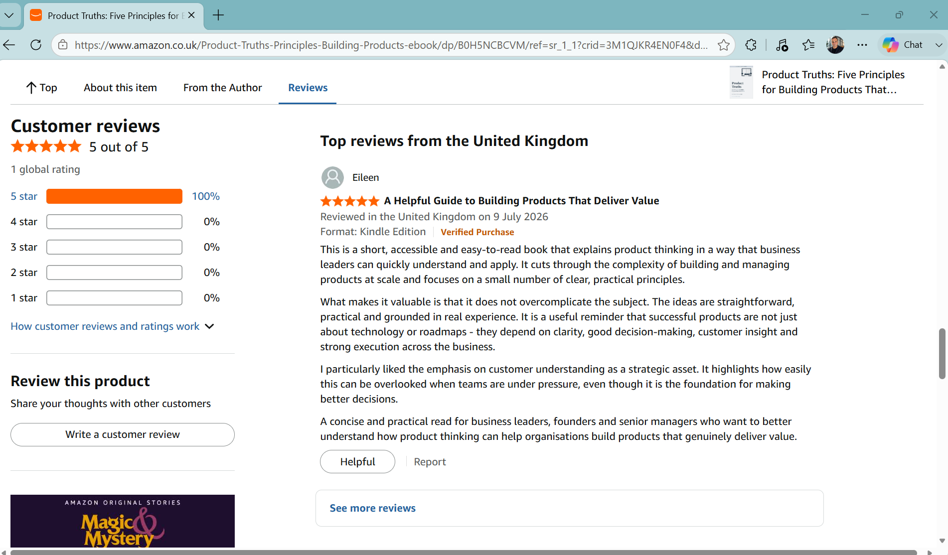 Screenshot of Amazon product reviews page for the book titled 'Product Truths: Five Principles for Building Products That...' showing five-star rating, positive customer review, and part of a row of reviews at the top of the page.