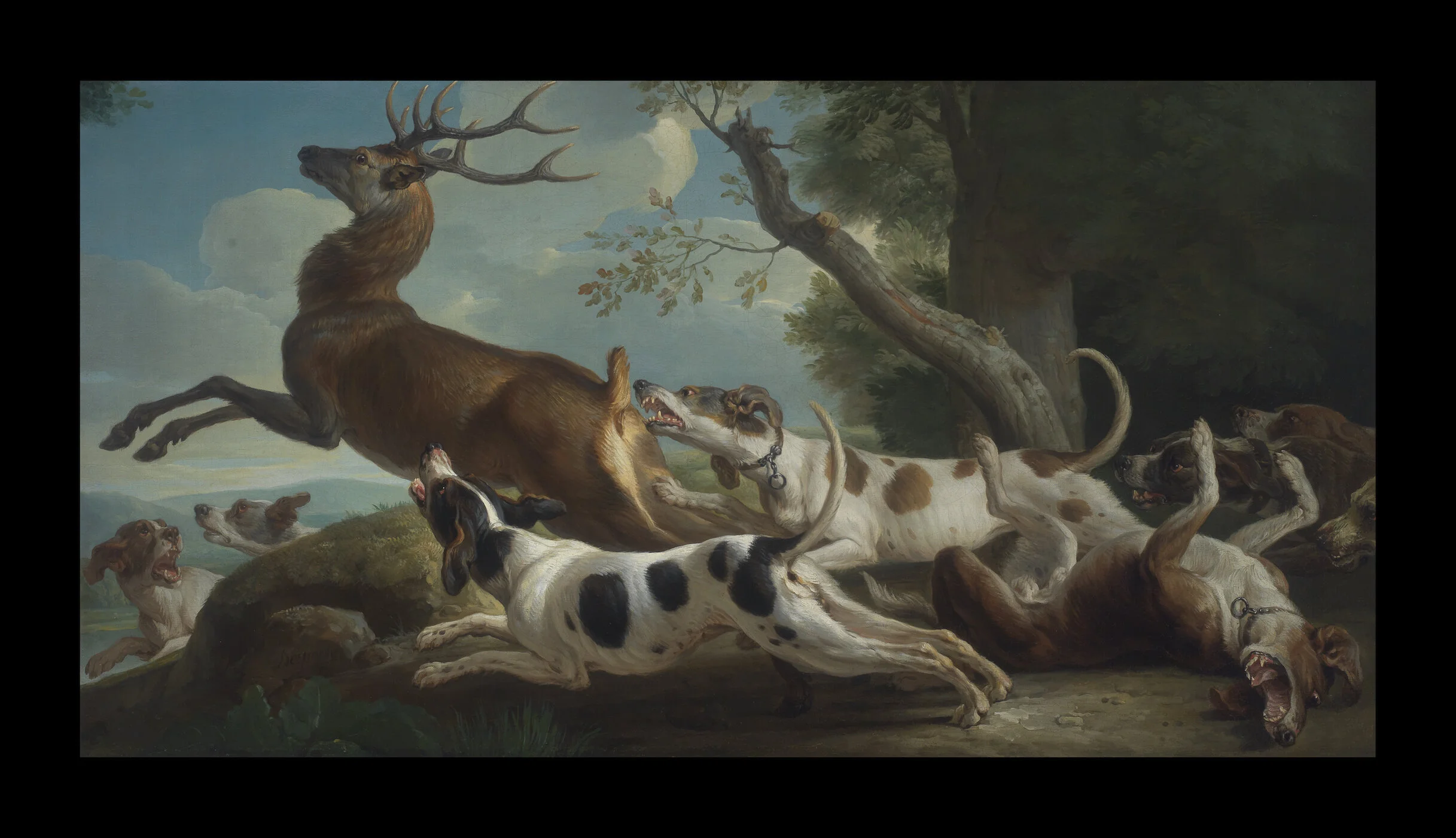 Alexandre-François Desportes (CHAMPIGNEULLE, ARDENNES 1661 - 1743 PARIS) The Stag Hunt Oil on canvas Signed lower right Desportes 64 x 124 cm ; 25 1/4 by 48 3/4 in