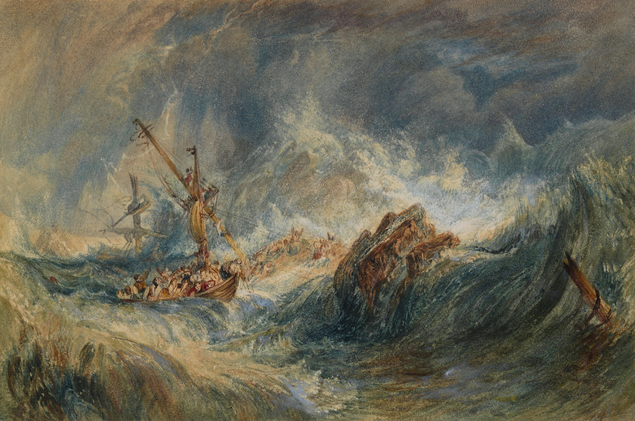   JOSEPH MALLORD WILLIAM TURNER   British, 1775–1851   A Storm (Shipwreck)   Watercolour and bodycolour on a three-ply London or Bristol board 4¾ x 7½ inches (125 x 189 mm)  Executed circa 1823. 