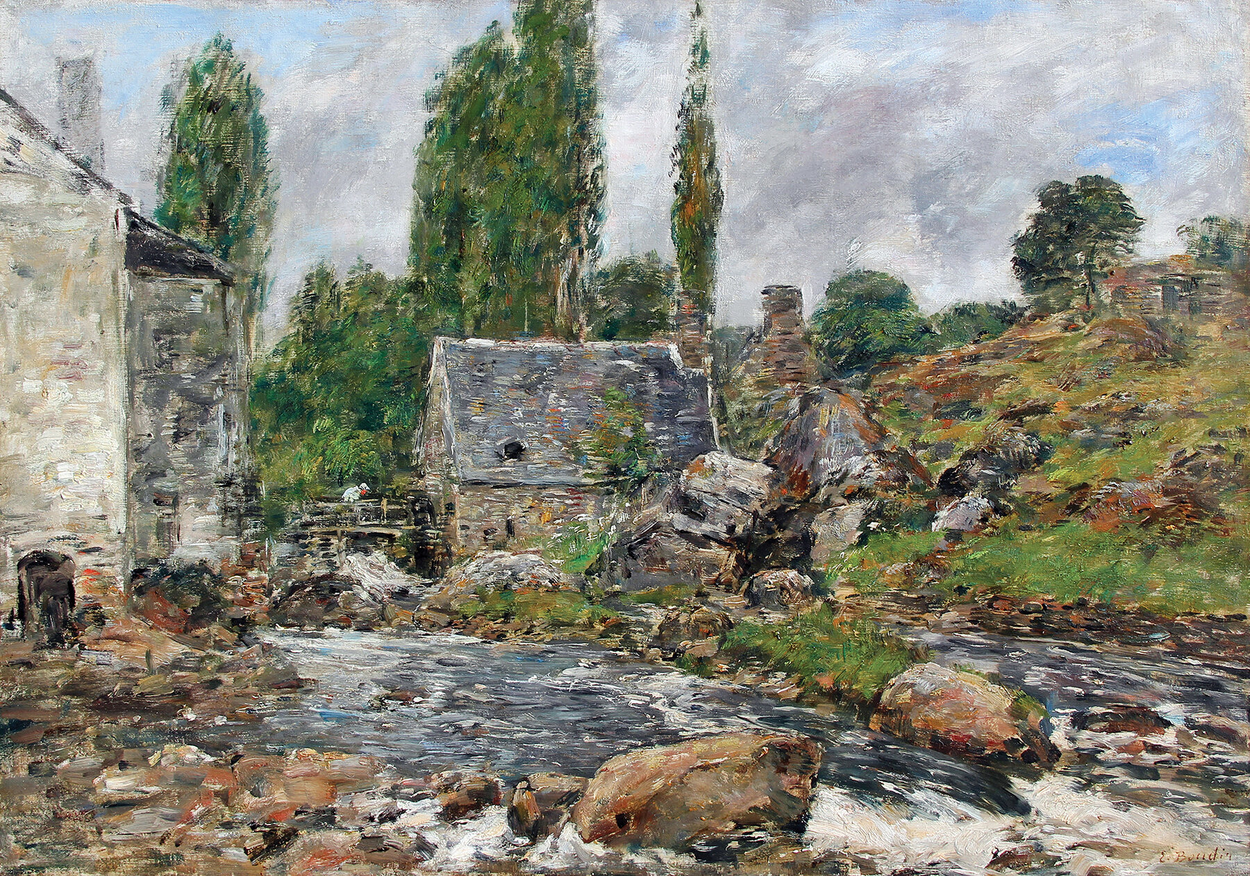   EUGÈNE BOUDIN    French, 1824–1898   Pont-Aven - La Rivière après la Pluie   With the Atelier stamp E. Boudin Oil on canvas 18½ x 25¾ inches (47 x 65.5 cm); Framed: 28 x 35½ inches (71 x 90 cm)  Painted in May 1897. 