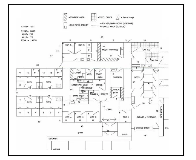 Detailed architectural floor plan of a veterinary clinic, showing various rooms including reception, waiting area, examination rooms, surgical room, kennels, storage, offices, and outdoor fenced areas with labeled sections for cats, dogs, and other facilities.