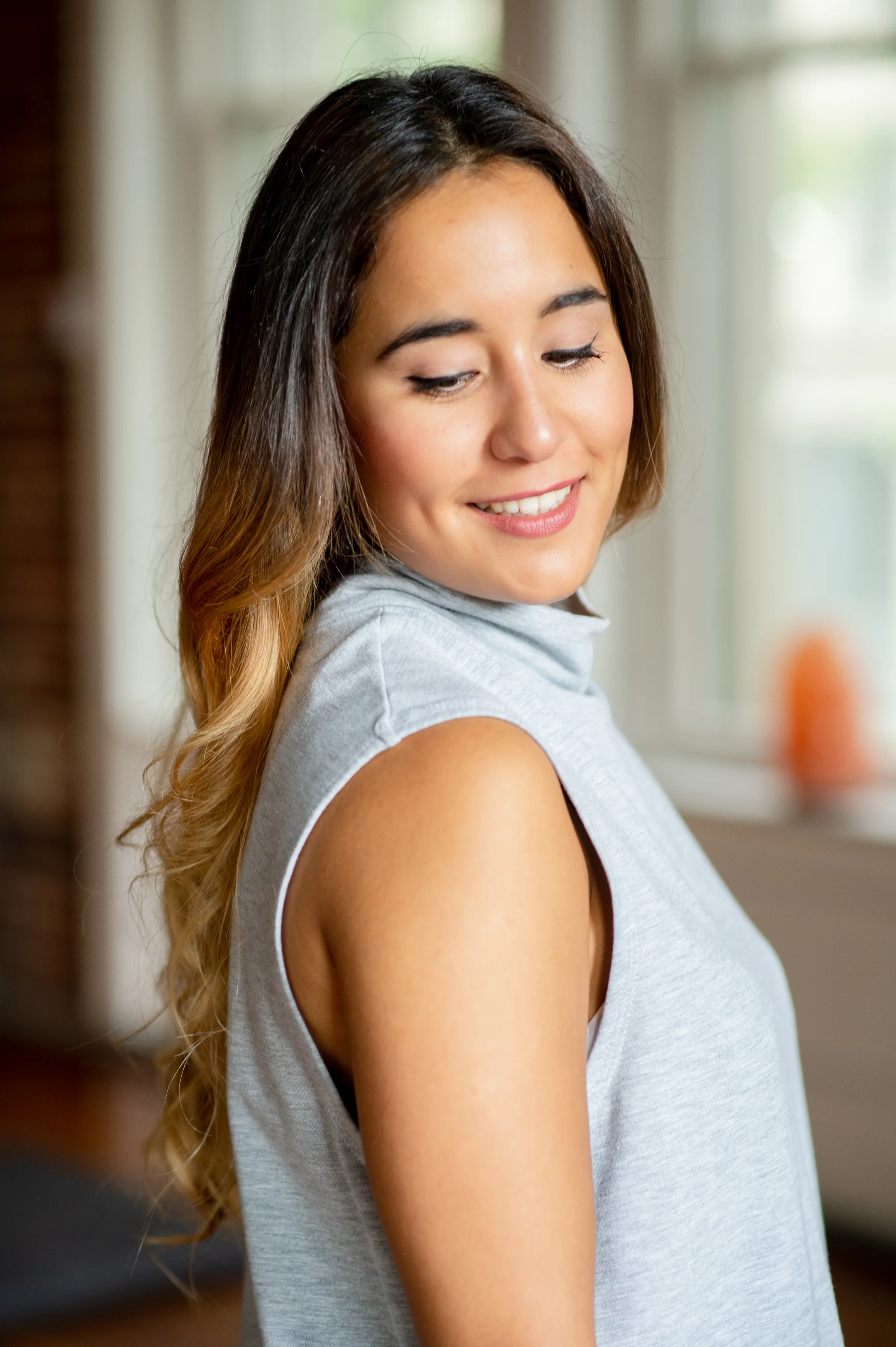 Ecofriendly bamboo yoga top to wear over leggings.