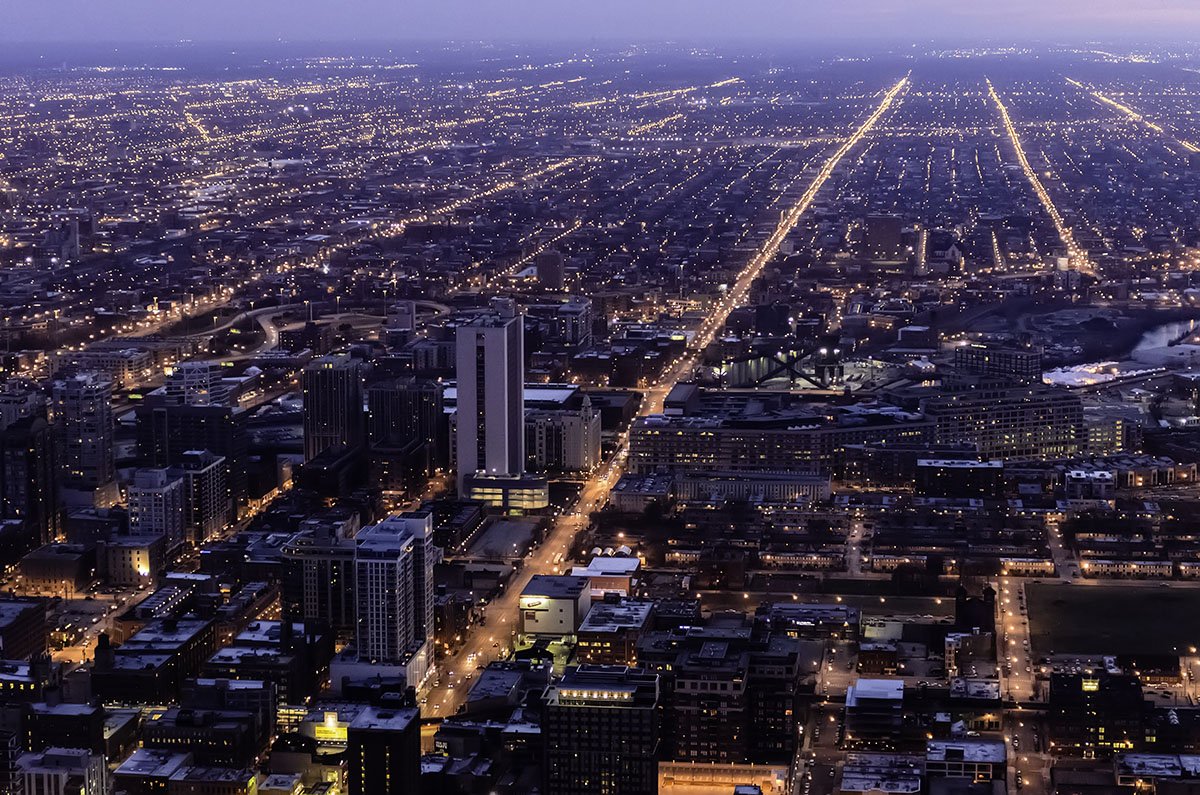 Aerial view of Chicago (looking west-southwest) at dusk
