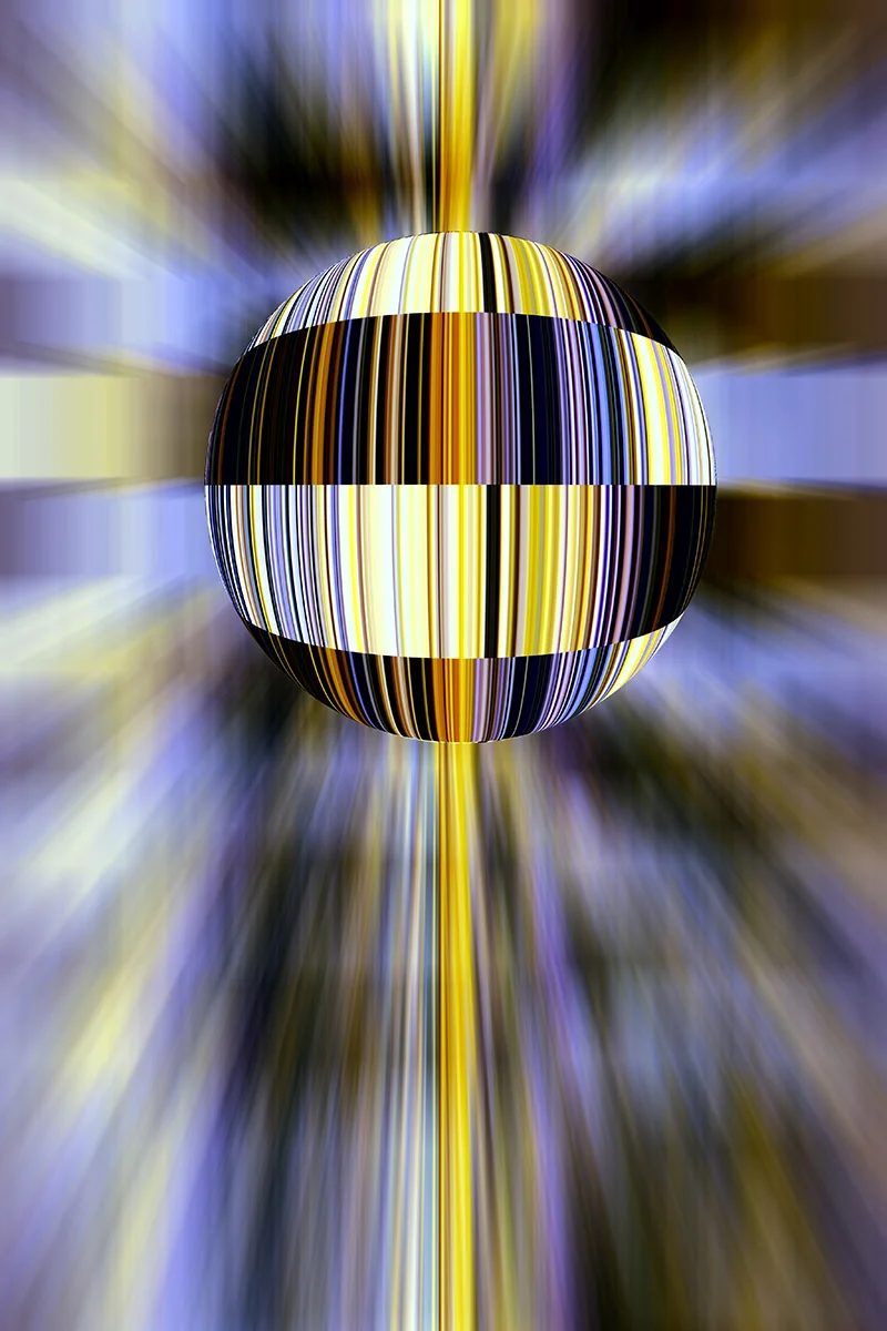 Conceptual multicolored abstract of a planet enveloped in barcodes, with surrounding radial blur