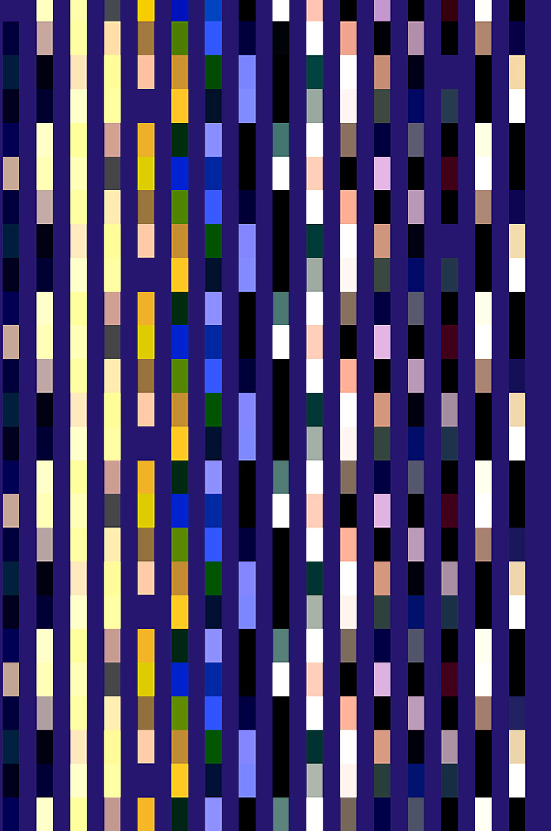 Abstract pattern of parallel stripes, banded with various colors, on a rich blue