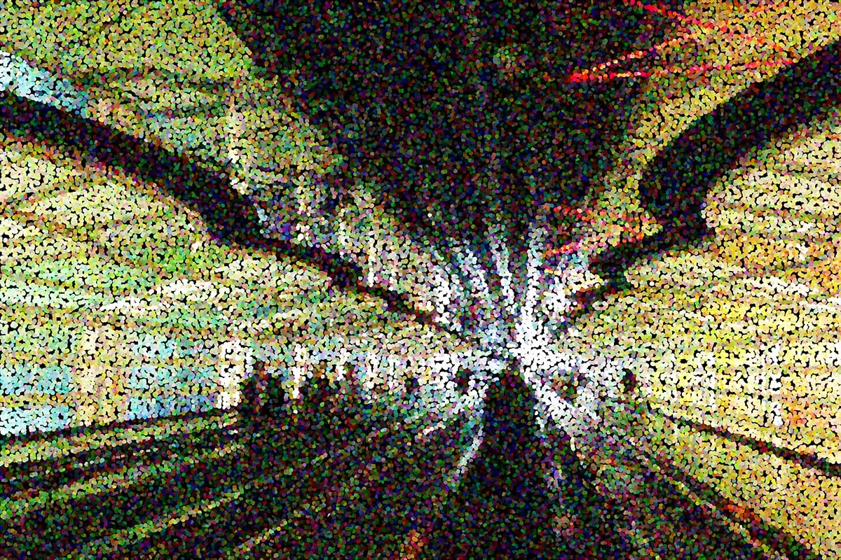 Multicolored pointillized abstract of passageway with neon lights and moving walkway on approach to concourses at a large metropolitan airport