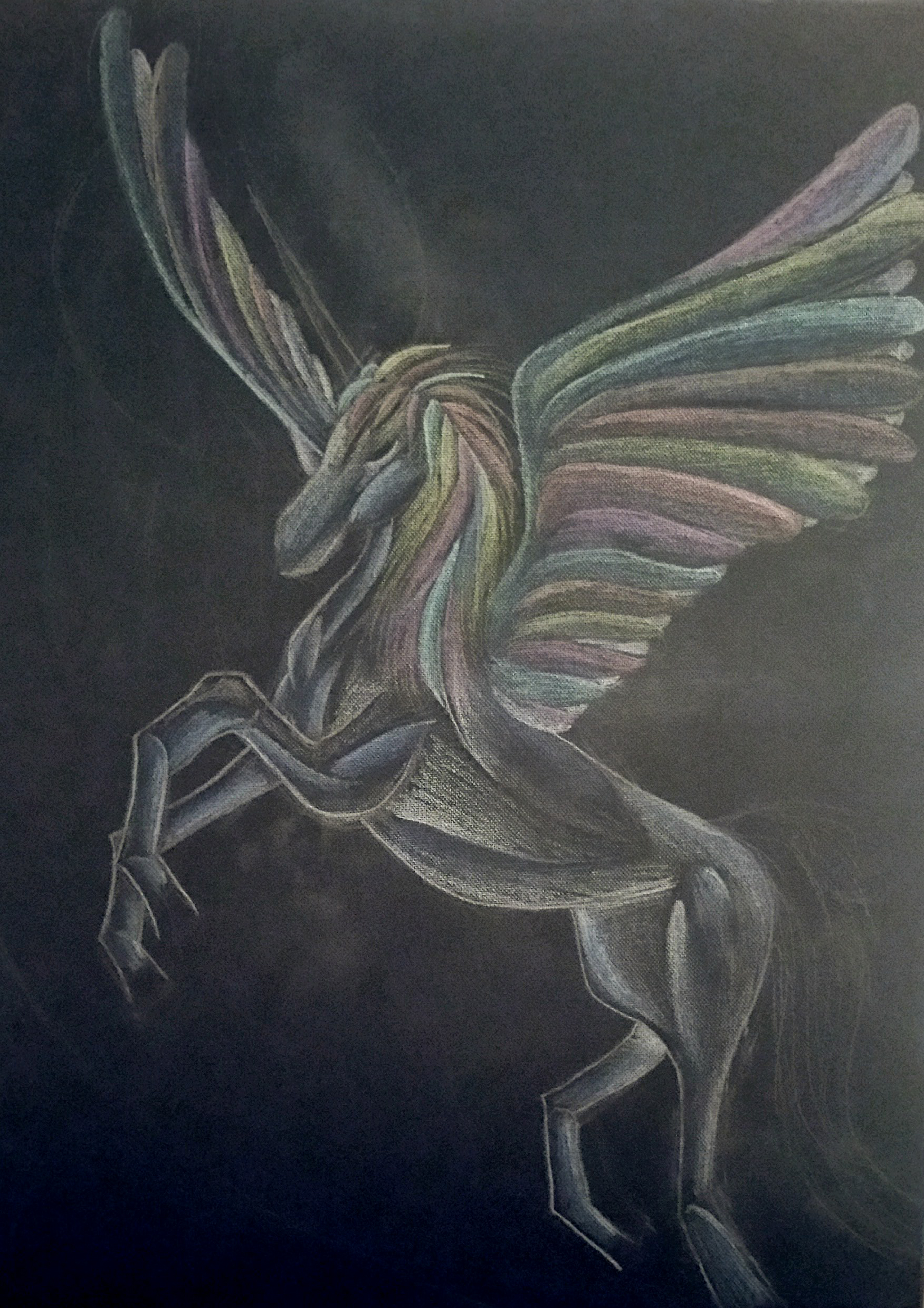 Rainbow hair and wings done. Ready to the tail with same colors, and the moon.