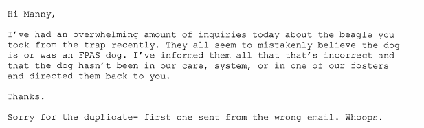 April 17th Forever Paws Manager Casey Fredette emails Animal Control Officer Maciel stating shelter has nothing to do with dog.
