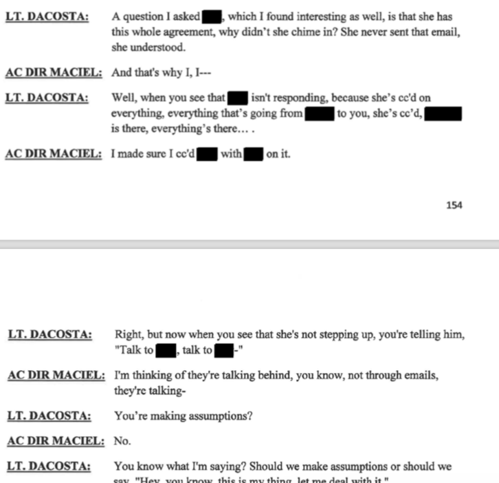 Internal Affairs questioning Maciel on why Furtado never spoke up in those emails.