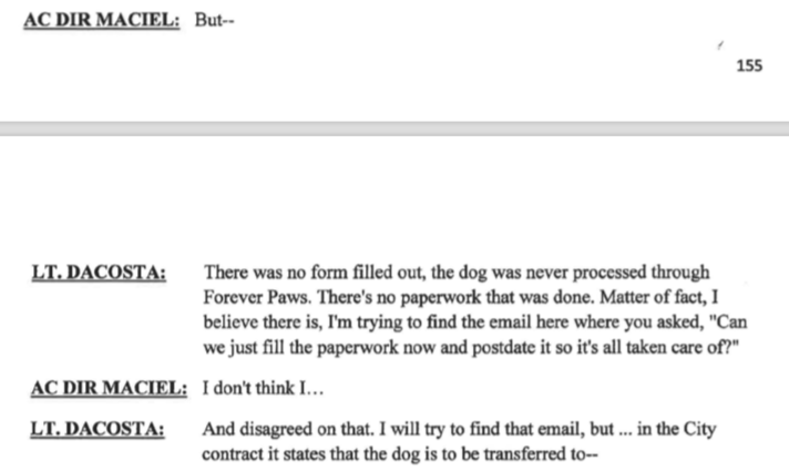 Maciel gets caught off and corrected there was zero paperwork on this dog and Forever Paws from April 4th till 28th. Even mentioned wanting to “post date paperwork “.
