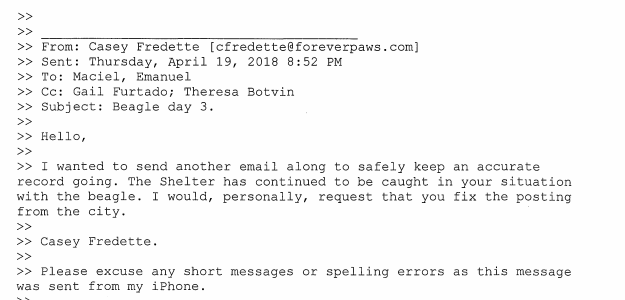 April 19th Forever Paws in their third email in 4 days this time out right asking the New Bedford Police post be corrected .