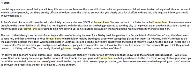 April 20th a Forever Paws volunteer emails us.