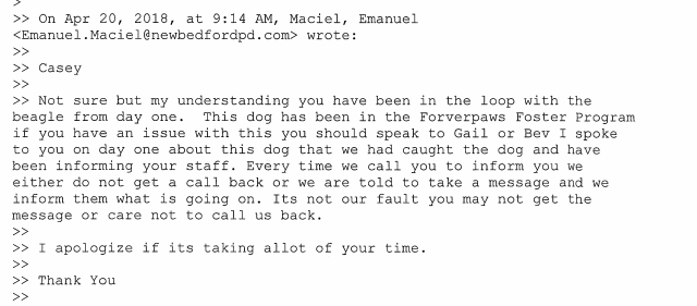 April 20th same day as New Bedford Police facebook post Maciel emphatically states this dog is a Forever Paws dog to the Director of Forever Paws.