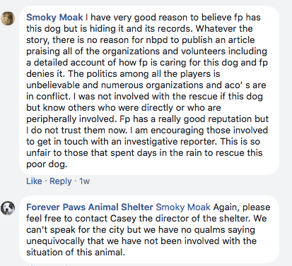 April 22nd two days after New Bedford Police facebook post Forever Paws still denying having anything to do with dog.