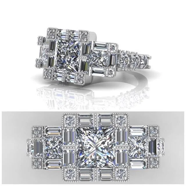 💍💍 I&rsquo;m not even sure what to say about this one, except I know the jeweler had tons of fun setting this one. Would this fall under #ArtDeco ?💍💍 #PioneerCAD #PrincessCut #3StoneRing #XL
