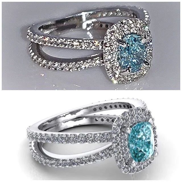 💍💍 It&rsquo;s not too often that clients send me finished pictures, but i always love when they do! #RenderingToReality 💍💍 #BlueDiamond #HaloRing #PioneerCAD