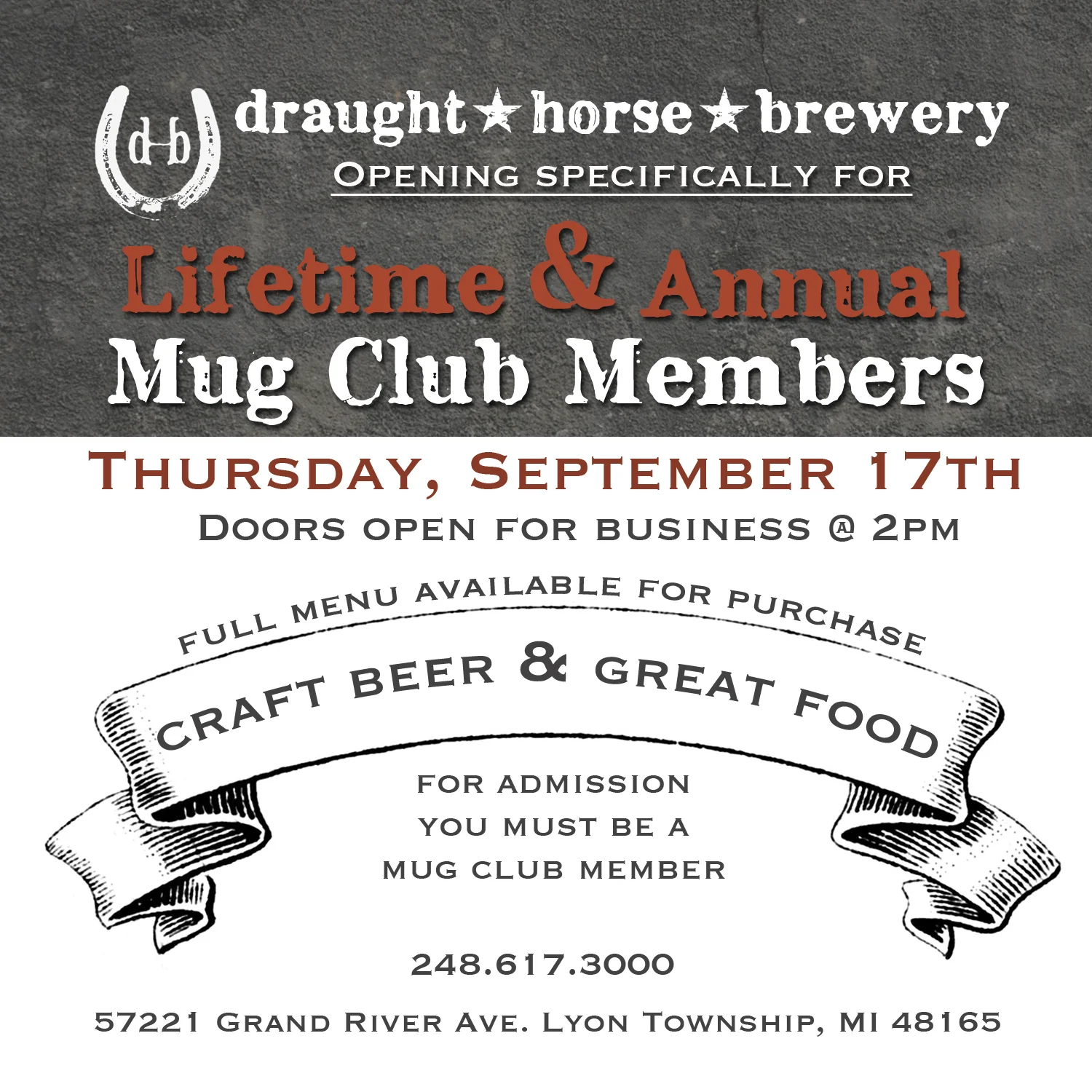 We, at DHB, would like to thank you for your commitment and support the past few months. Please join us with a guest for a Mug Club Member Only sneak preview of Draught Horse Brewery the day before our grand opening! Not a mug club member yet? There is still time to purchase one before the soft opening. Get yours at the link below! http://www.draughthorsebrewery.com/shop/