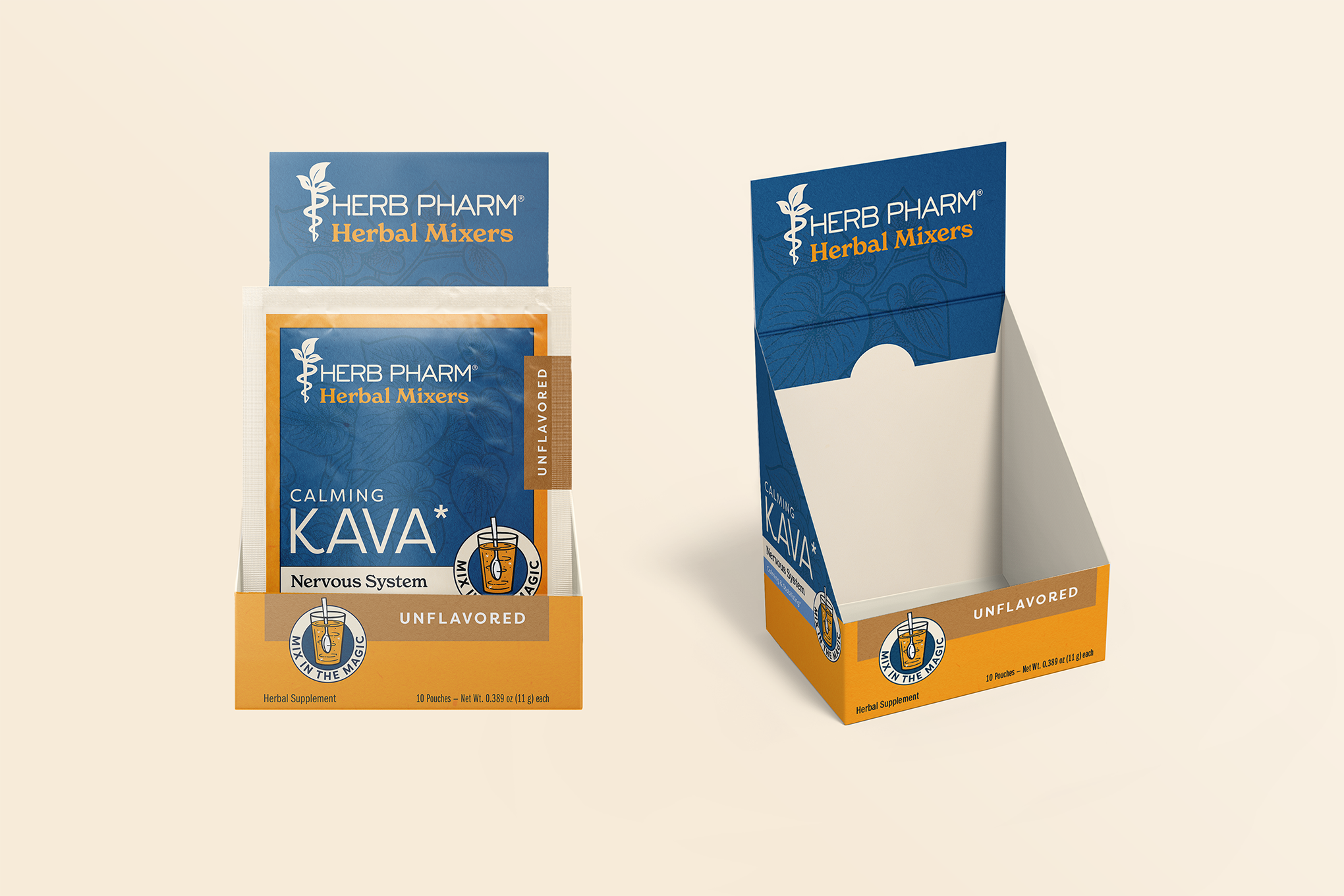 Prototype of a box designed to open into a retail display. The product is called Kava Mixers, a mix in Kava supplement. This shows the box folded into a retail display with the pouch showing..