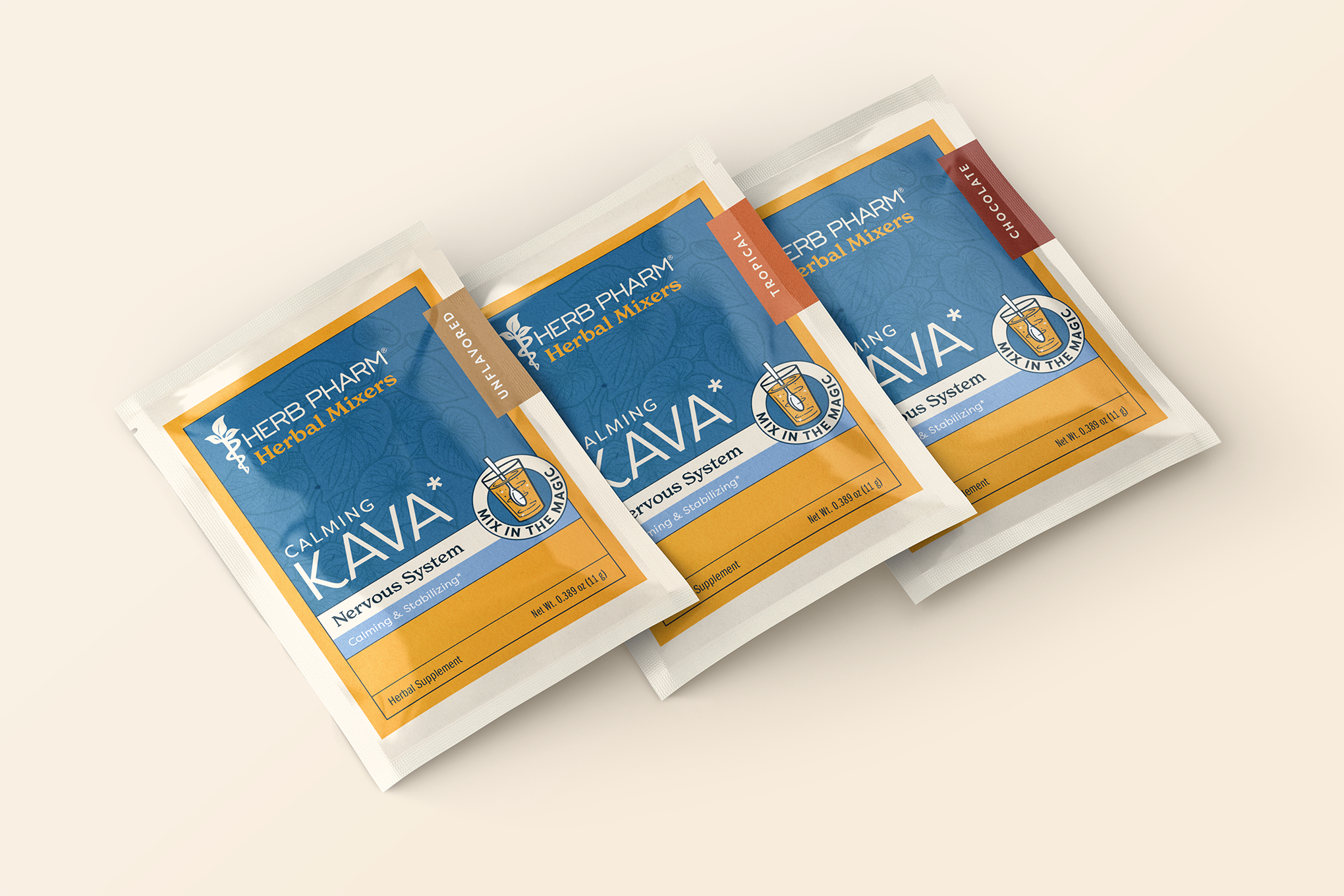 Prototype of the three different sachet designs for each available flavor. The three flavors are "Unflavored," "Tropical," and "Chocolate." It used the same navy blue and goldenrod color scheme.