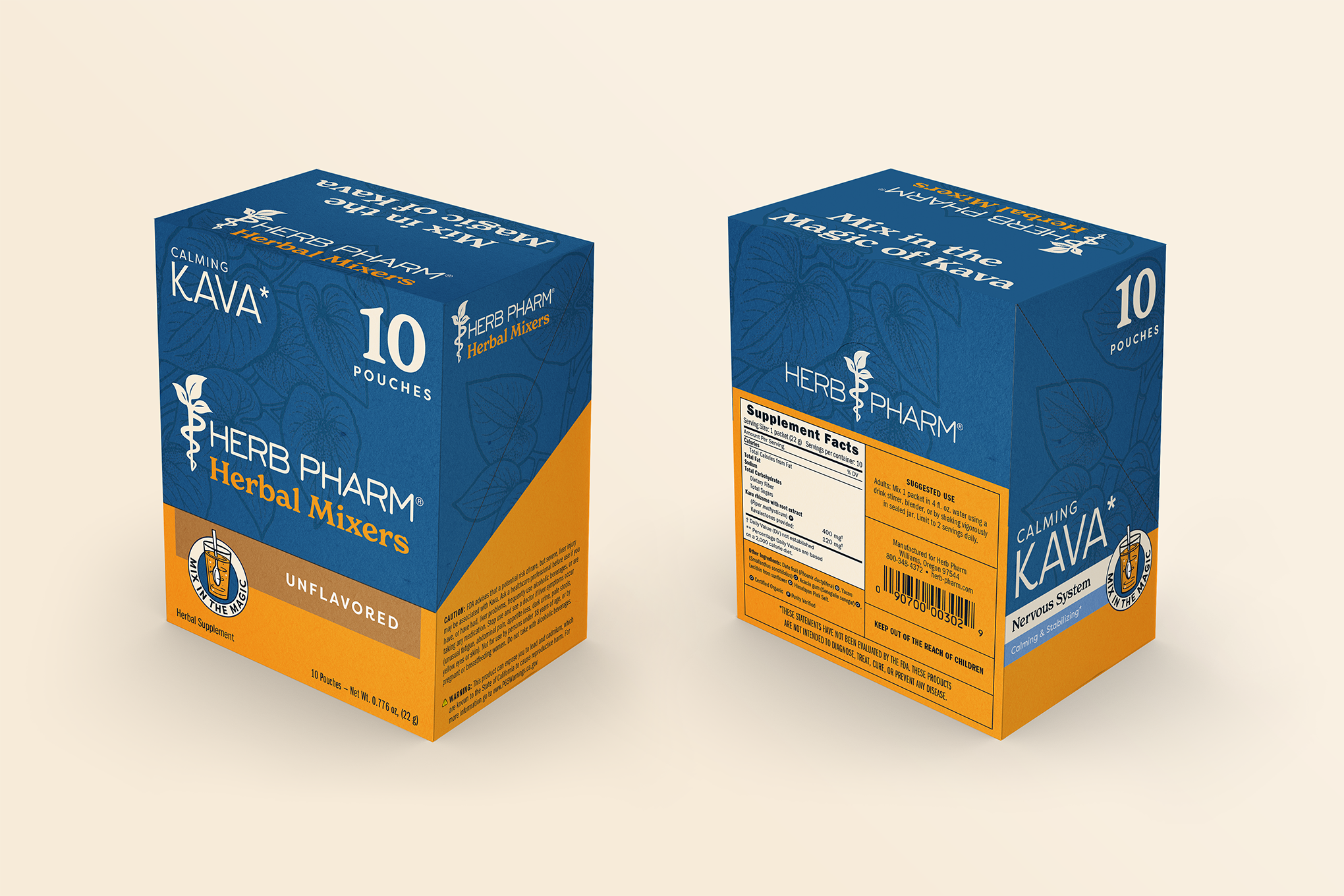 Prototype of a box designed to open into a retail display. The product is called Kava Mixers, a mix in Kava supplement. It is dark blue on top half of the box with a vintage kava leaf illustration and goldenrod on the bottom.