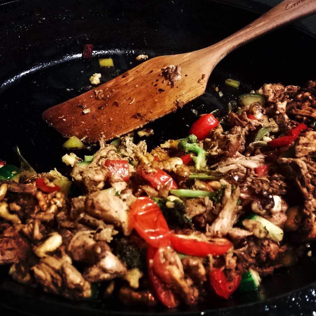 Walnut chicken dinner, with roasted tomatoes and chinese five-spice, with fresh rice.