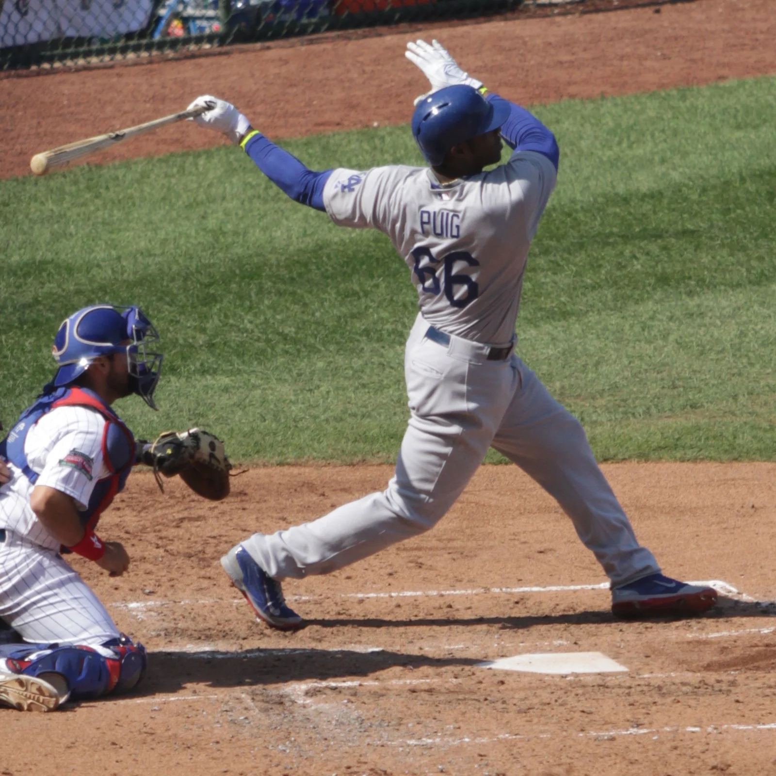 Yasiel Puig at bat during Clayton Kershaw's 20th victory in 2014