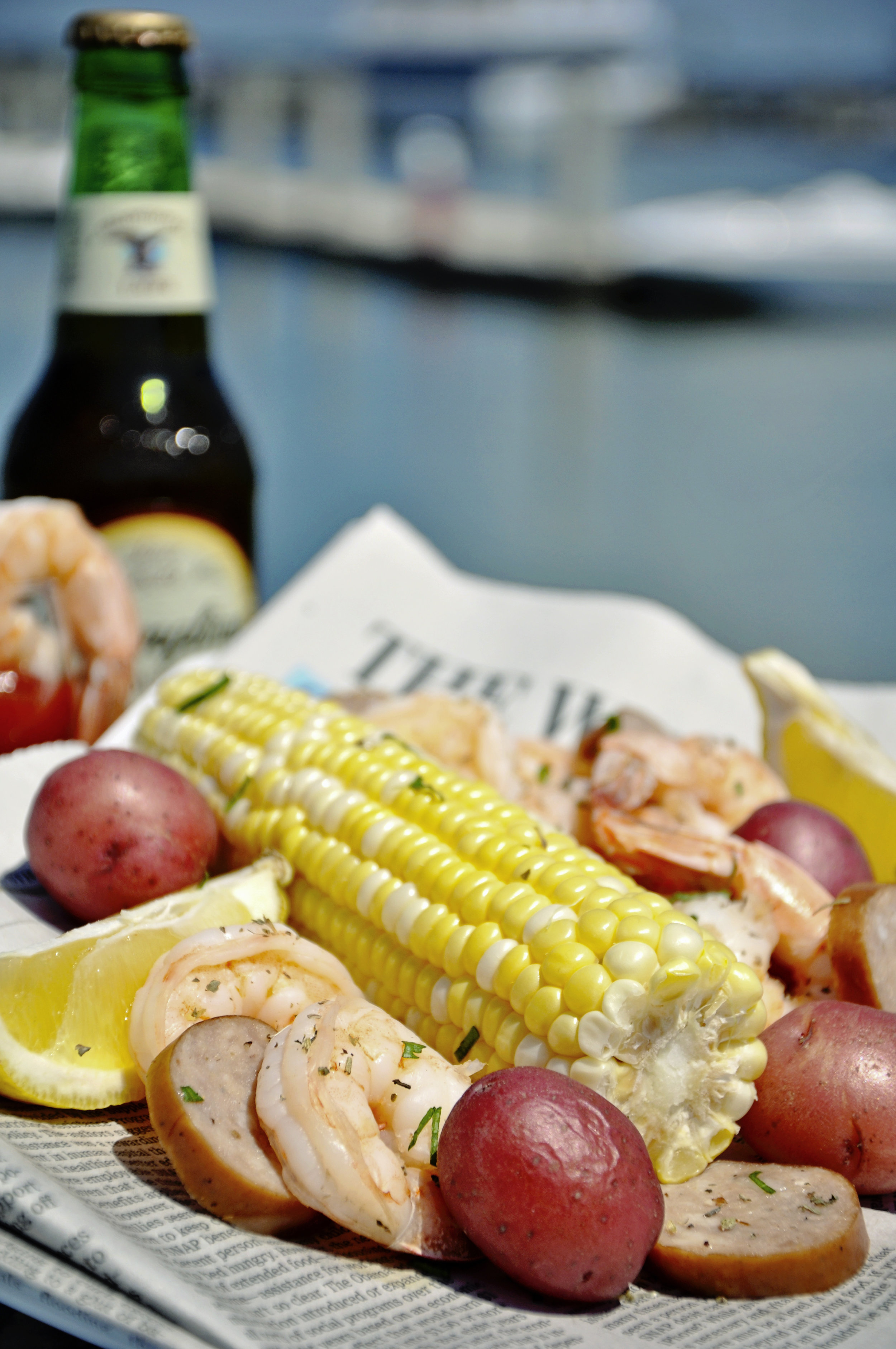 Traditional Low Country Boil . Fresh local South Carolina Shrimp, Smoked Kielbasa, Red New Potatoes and Fresh Corn on the Cob. Click here for recipe!