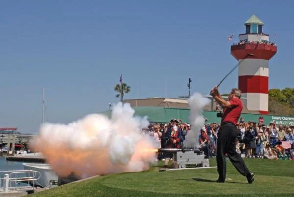 Traditional Opening Ceremony at The Heritage. A bagpipe parade and canon blast with the first shot into the Calibogue Sound