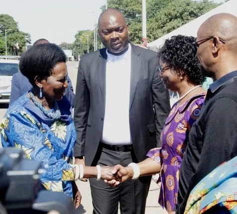 Vice President Inonge Wina being welcomed by 1st Deputy speaker of the National Assembly Catherine Namugala at the freedom statue, while Lusaka Province Minister Bowman Lusambo looks on. Photo courtesy Lusaka Times