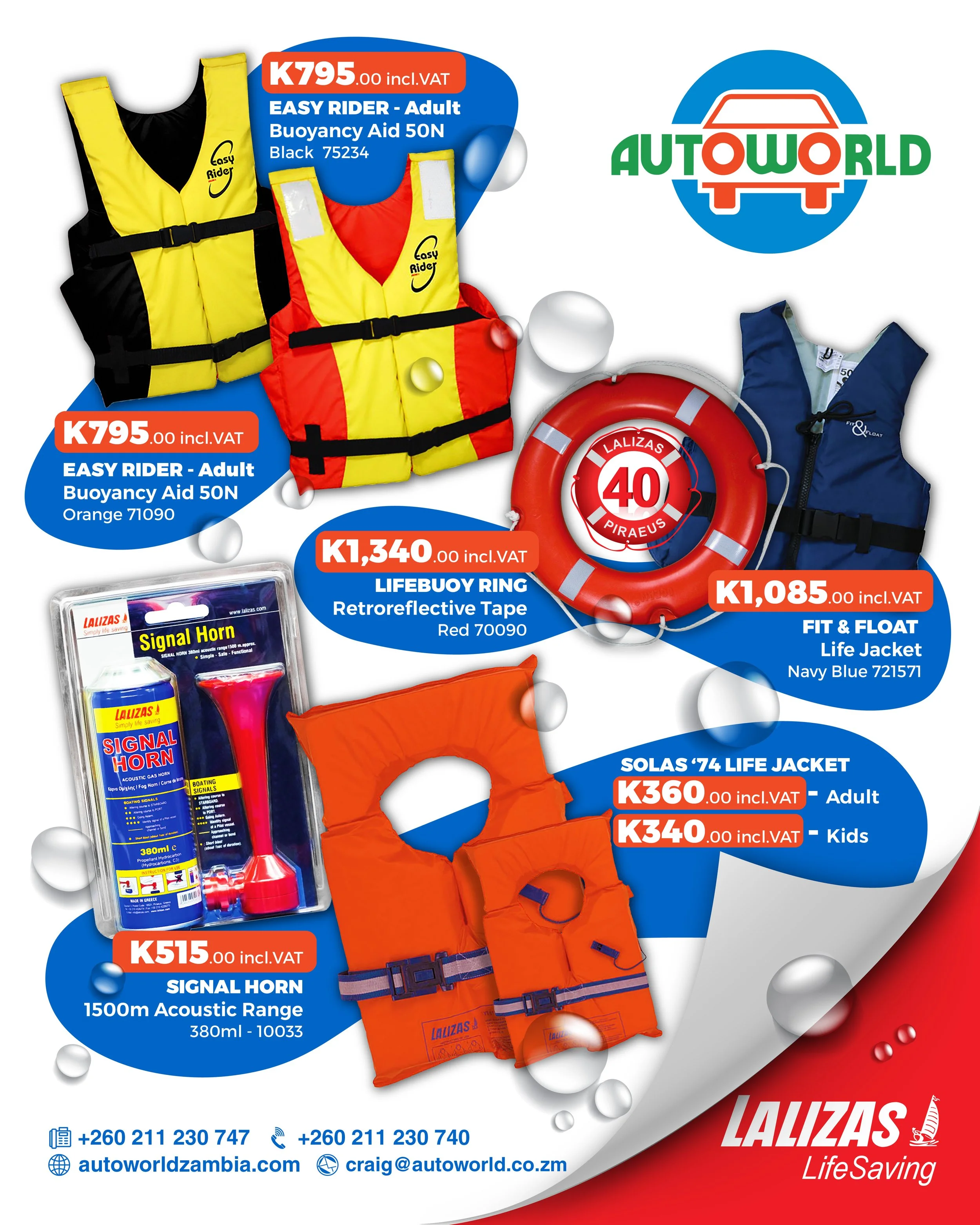 Lalizas life jackets, lifebuoys, and signal horns!