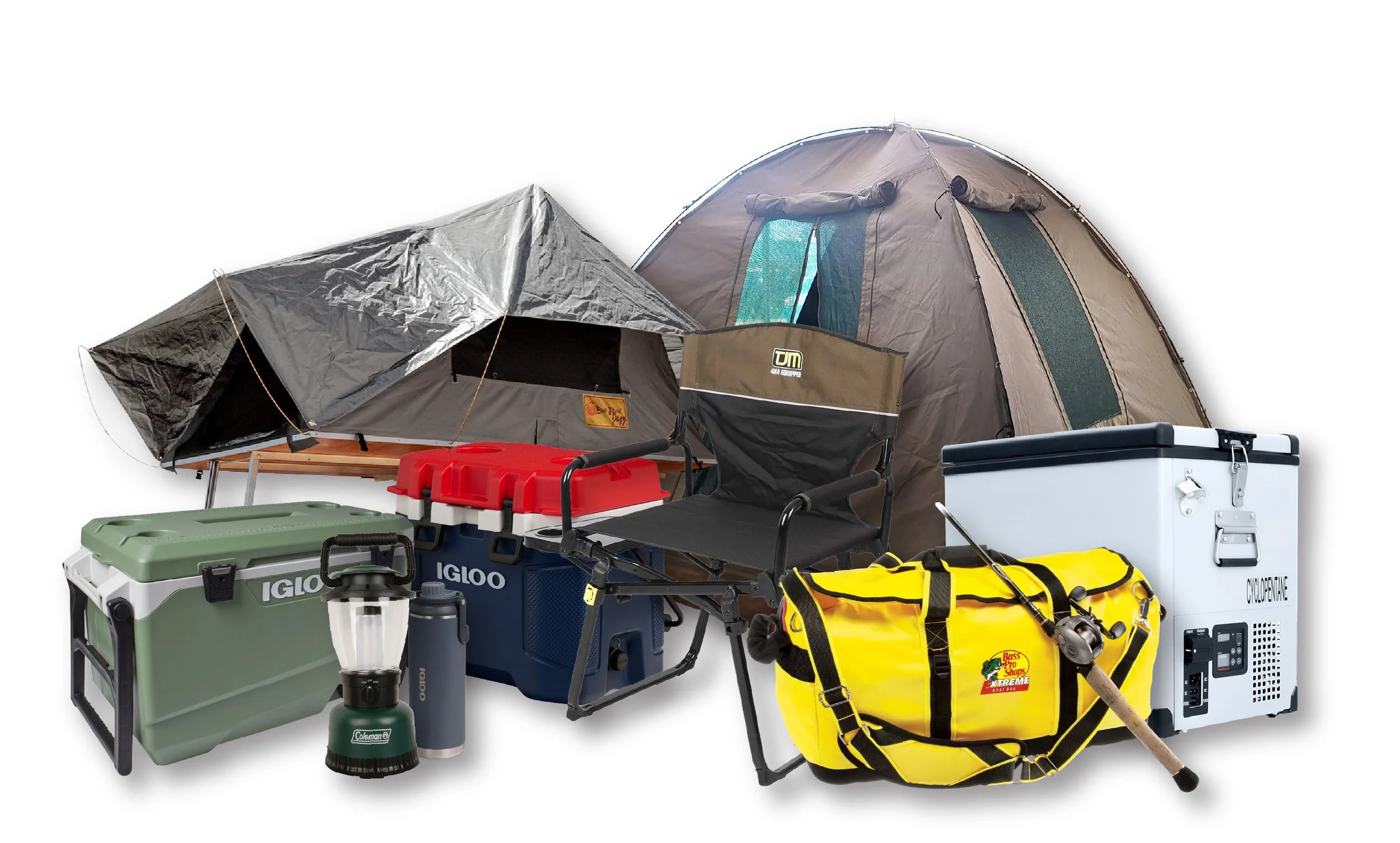 A silver pickup truck with a rooftop camper tent parked near a body of water, surrounded by trees and grass.