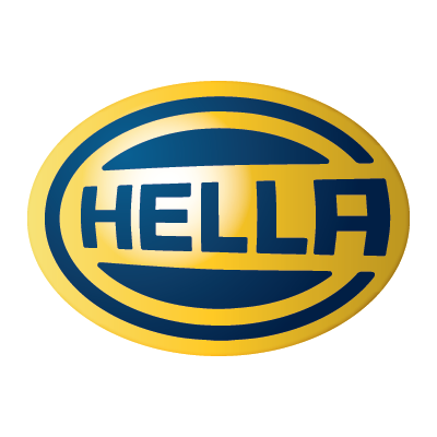 Hella logo in blue and yellow.