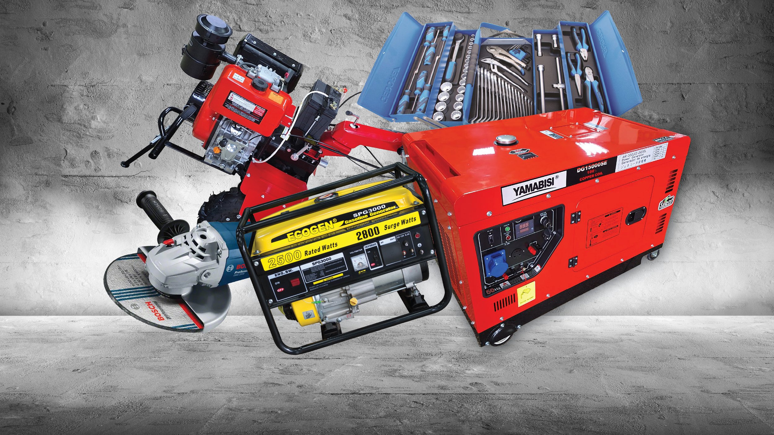 Set of power tools and generators on a concrete floor, including a blue toolbox with hand tools, a red generator, an eco-friendly gas generator, and a red welding machine.
