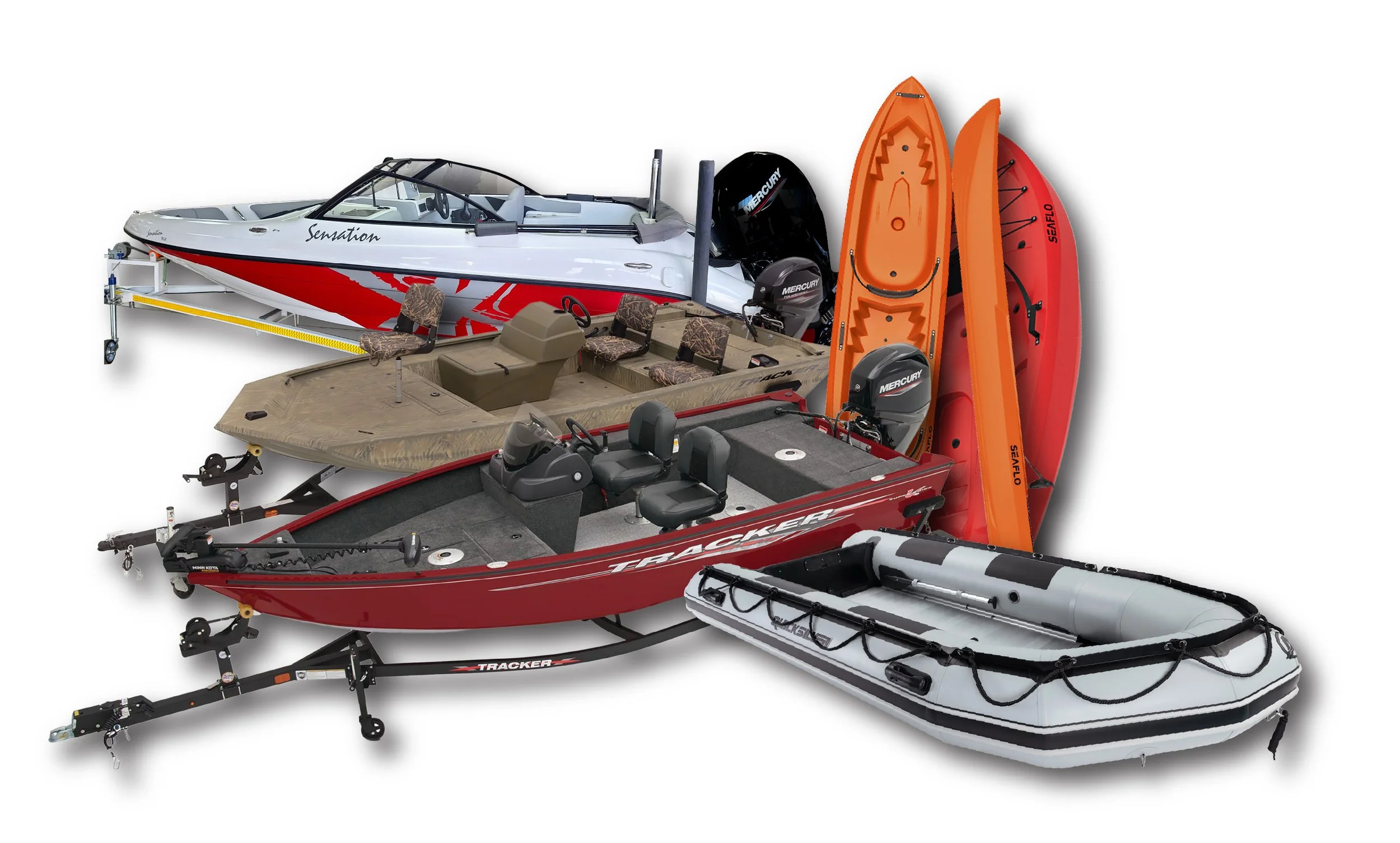 A red Tracker boat with two people, an adult and a child, riding on a body of water, creating a trail of wakes behind it.