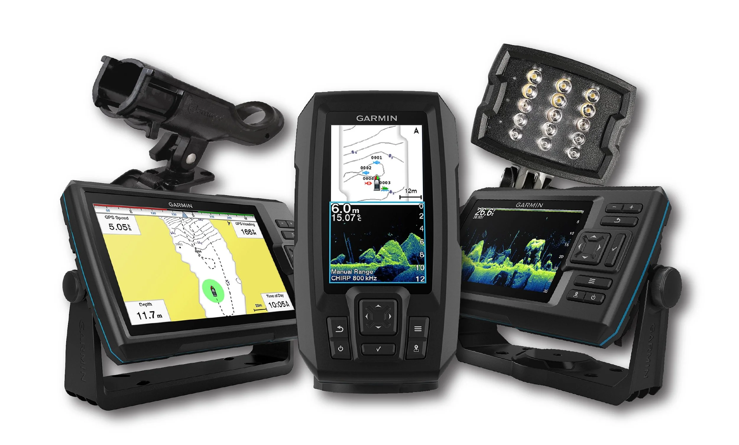 A boat dashboard with a steering wheel, gauges, and fish finder, on a body of water during sunset.