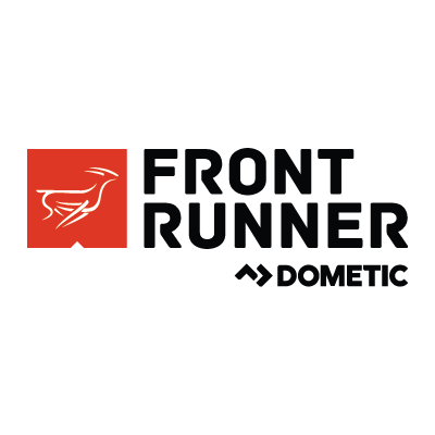 Logo of Front Runner Dometic, featuring a stylized rushing bird in white on red background next to black text.