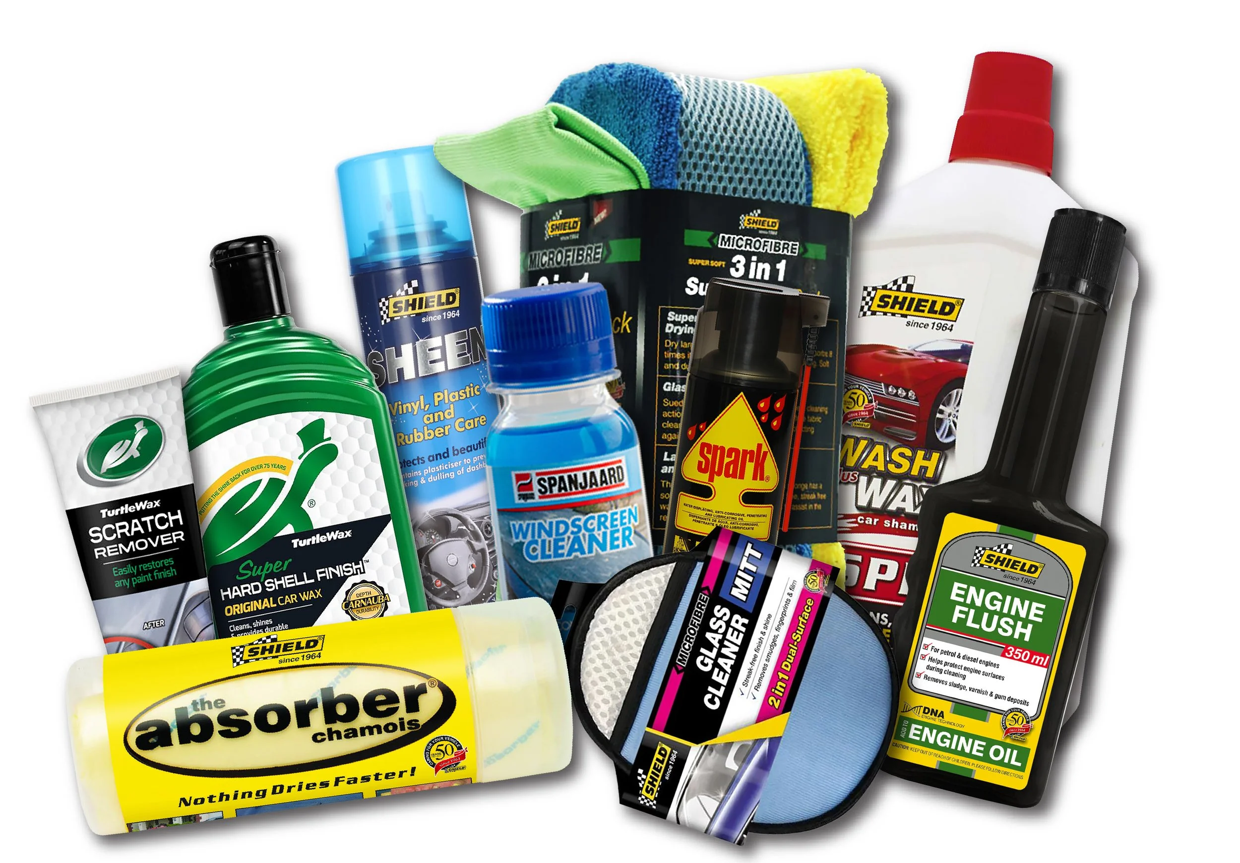 A person cleaning a black car's headlight and front area with a yellow cloth.