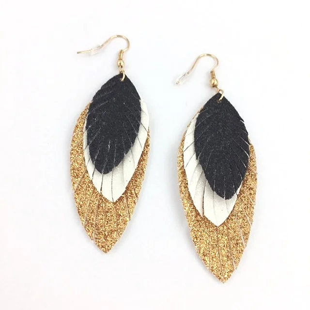 black and gold glitter leaf earrings