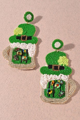 St. Patrick's Day Leprechaun Beaded Earrings, Green Beaded