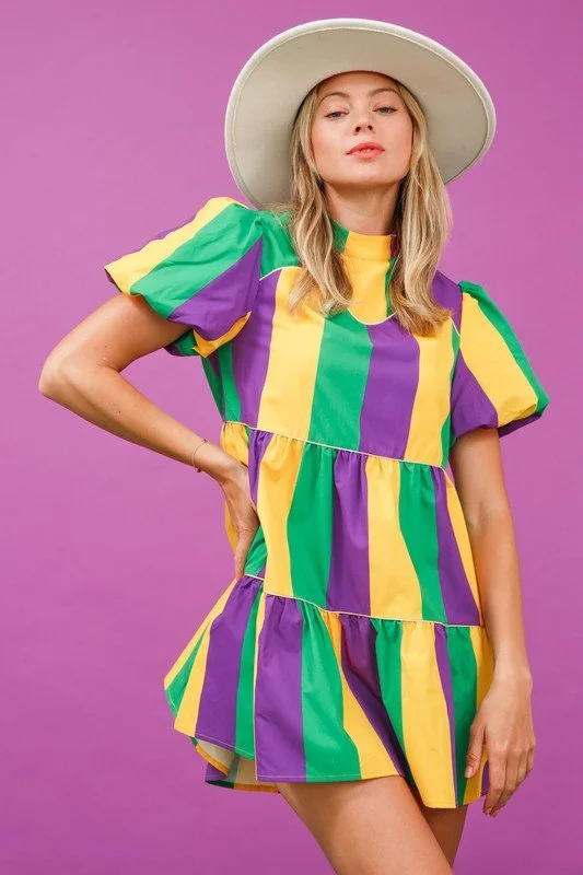 slim fit dress slacks Hunter Green Short Sleeved Dress With Purple and Green Striped Apron main image 0