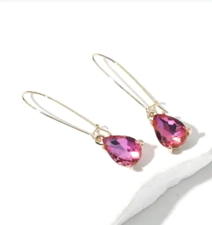 Teardrop Crystal Drop Earrings - Pink