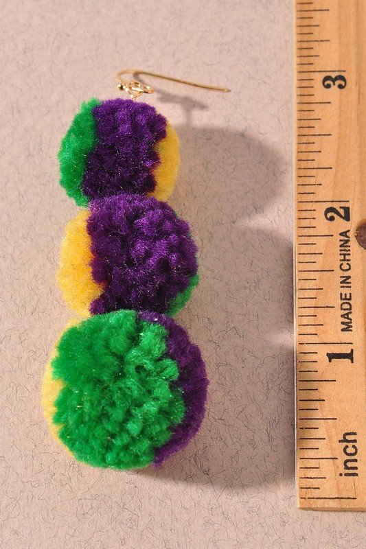 Purple Green Gold Pom Earrings
