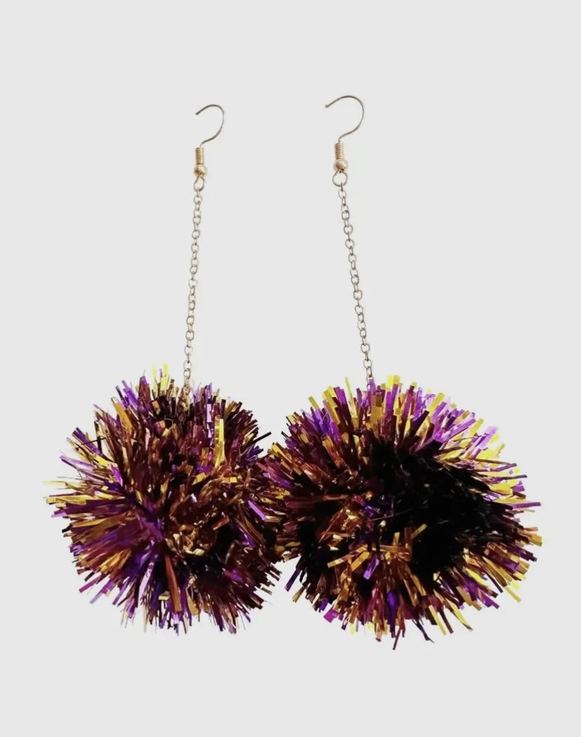 Purple Gold Pom Pom Earrings